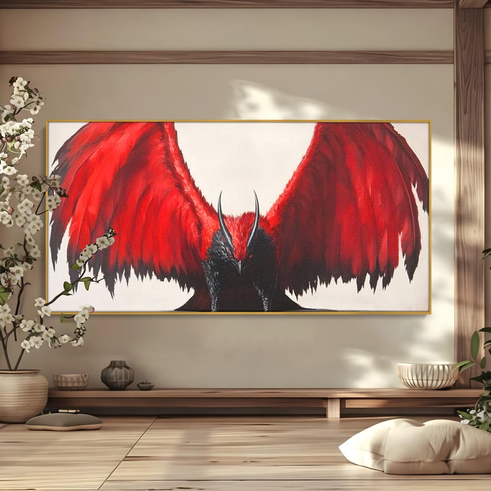 Tablou canvas cu tablou canvas cu pasare fantastica rosu cu negru, in rama de aluminiu auriu